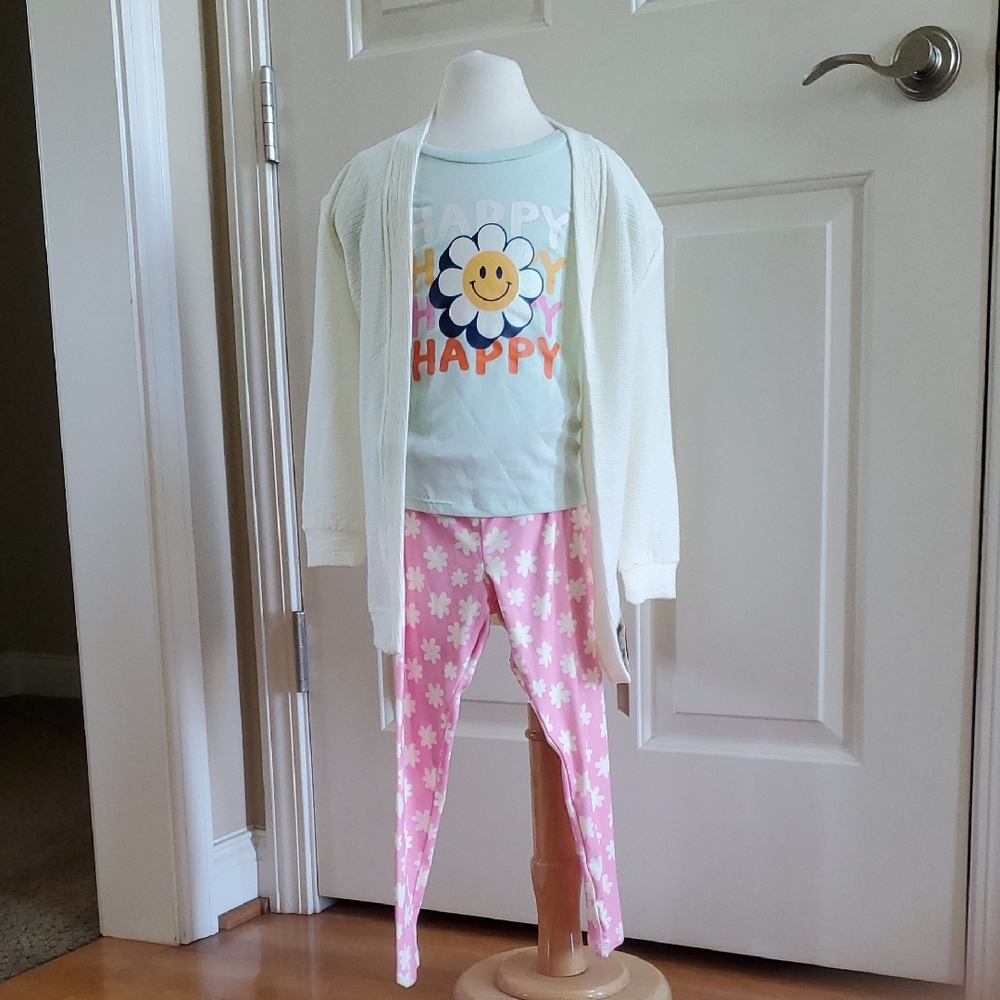 Girls Forever Me 3pc Set- T-Shirt Cardigan & Leggings Daisies Size Lar 10/12 NWT